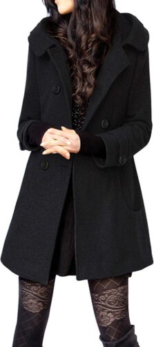 Tanming Women’s Warm Double Breasted Wool Pea Coat Trench Coat Jacket with Hood