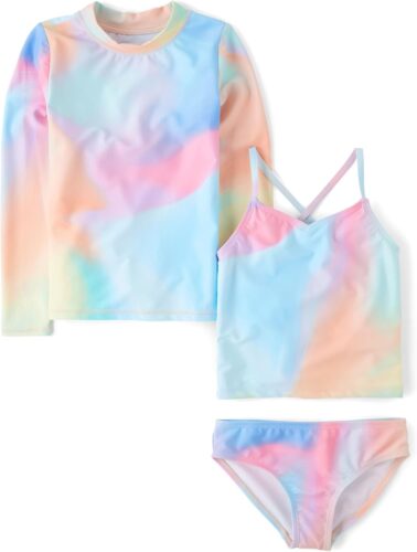 The Children’s Place Girls’ Long Sleeve Rashguard and Tankini Swimsuit, 3 Piece Set