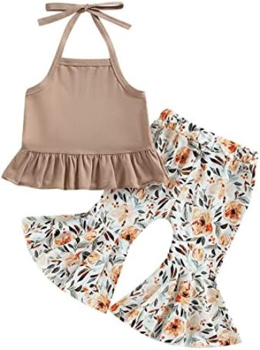 TheFound Toddler Baby Girl Summer Outfit Halter Top Bell Bottoms Flare Pant 2Pcs Infant Newborn Clothes