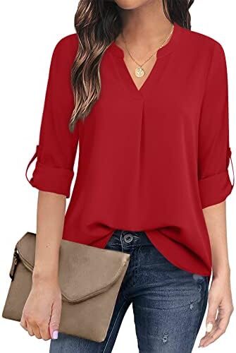Timeson Women’s Casual Chiffon V Neck 3/4 Sleeve Blouse Tops