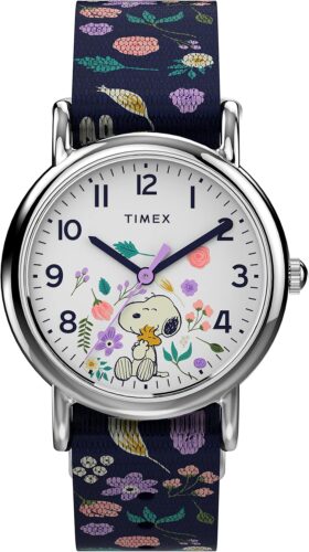 Timex Womens Watch Peanuts Weekender Casual Ladies Wristwatch – Featuring Snoopy and Woodstock in a Floral Motif, Silver-Tone Case with Blue Fabric Strap (31mm)