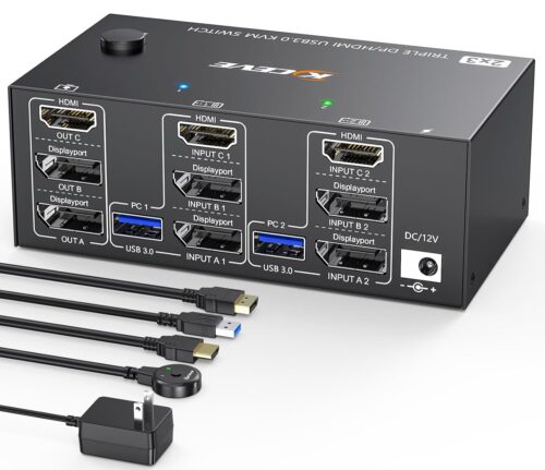 Triple Monitor KVM Switch 3 Monitors 2 Computers 8K@60Hz 4K@144Hz,MLEEDA HDMI+2 Displayport KVM Switch Triple Monitor for 2 Computers Share 3 Monitors and 4 USB3.0 Device,with Wired Remote and 5 Cable