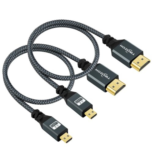 Twozoh Micro HDMI to HDMI Cable 3.3FT 2 Pack, Nylon Braided Micro HDMI Cable Support 3D/4K@60Hz 18Gbps/2160P/1080P for GoPro Hero7/8/9 Raspberry Pi 4