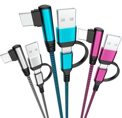 USB C Cable, 60W 90°Right Angle Type C Charger Fast Charging Cable [3-Pack,6FT] 2 in 1 Multi USB A/C to USB-C Cable for iPhone 15 Pro Max iPad Pro AIR/Mini 6 MacBook Galaxy S23/S22