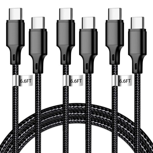 USB C to USB C Charging Cable, Nylon Braided 3Pack 60W 6.6FT Type C Fast Charging Cord Compatible for iPhone 15 16/Pro/Pro Max/Plus, iPad Pro, Air5, MacBook, Samsung, Google – Black