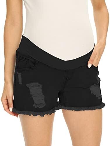 V VOCNI Maternity Women’s Maternity Indigo Blue Mom Tassel Secret Underbelly Denim Shorts