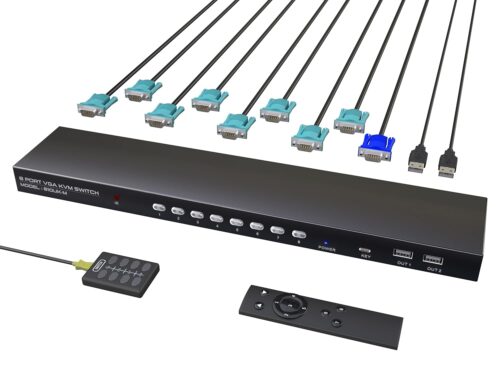 VGA KVM Switch 8 Ports – KVM Switch with Remote,USB Switcher 8 Computers Share 1 Monitor 4 USB 2.0 Hubs,Keyboard Mouse Printer,8 KVM VGA Cables 1 Desktop Controller 1 IR Remote