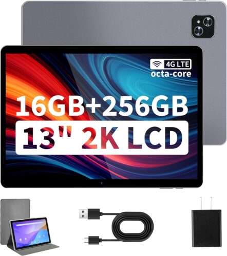 Veidoo 13 Inch Android Tablet, 2K 2160×1440 FHD Screen, 16GB (8+8 Expand) RAM 256GB ROM with 1TB Expand, Octa-Core Processor, Dual Nano SIM Card 4G LTE Tablet with 2.4G / 5G WiFi, 10000 mAh Battery