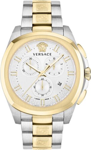 Versace Geo Chrono Collection Luxury Mens Watch Timepieces with a Two Tone Bracelet and Case Featuring a Silver Dial