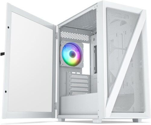 Vetroo M05 Micro ATX Computer PC Case with Door Open Tempered Glass Side Panel & Mesh Front Panel, Pre-Installed 120mm ARGB Fan in Rear, Support 240mm Radiator, Type-C Port – White