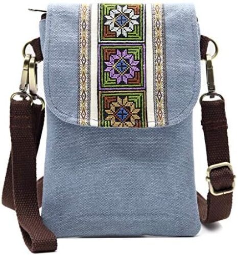 Vintage Embroidered Canvas Small Flip Crossbody Bag Cell Phone Pouch for Women Wristlet Wallet Bag Coin Purse