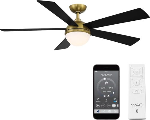 WAC Smart Fans Eclipse Indoor and Outdoor 5-Blade Smart Home Ceiling Fan 54in Satin Brass Matte Black with 3000K LED Light Kit and Remote Control works with Alexa and iOS or Android App