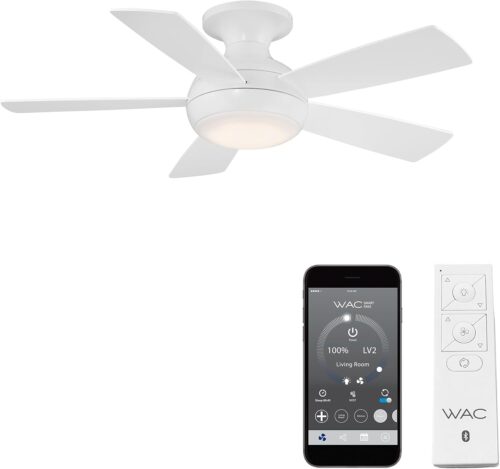 WAC Smart Fans Odyssey Indoor and Outdoor 5-Blade Flush Mount Smart Home Ceiling Fan 44in Matte White with 3000K LED Light Kit and Remote Control works with Alexa and iOS or Android App