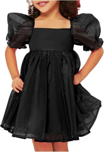 WDIRARA Toddler Girl’s Mesh Tulle Dress Square Neck Puff Short Sleeve Ruffle Hem Birthday Party Cute A Line Midi Dress