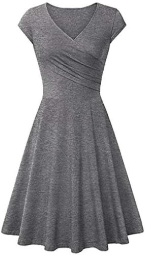 WIWIQS Women Vintage Women’s Deep V Neck Casual Cross Wrap Flared Midi Dress