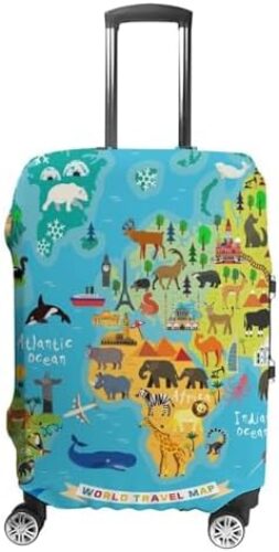 WOEZKEX Animal World Map Luggage Cover Washable Travel Gear Cover 18/24/28/32 Inch Suitcase Protective Cover