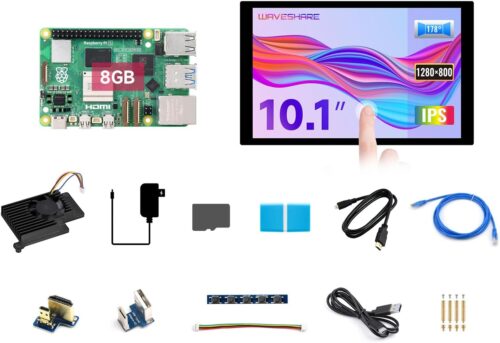 Waveshare Display Kit, Compatible with Raspberry Pi 5 8GB, Bundle with Pi 5 8GB, 10.1inch LCD, Cooler, 64GB TF Card, Cable and so on (14 Items)