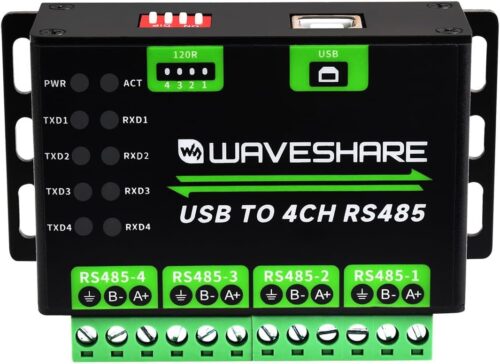 Waveshare Industrial USB to 4Ch RS485 Converter, Multi Protection Circuits, Multi Systems Support, Aluminium Alloy Case, Wall-Mount & Rail-Mount Support