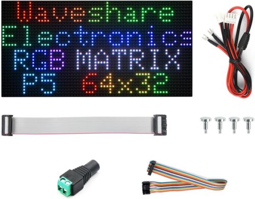 Waveshare RGB Full-Color LED Matrix Panel, 5mm Pitch, 64×32 Pixels, Adjustable Brightness, Compatible with Raspberry Pi 5/4B/3B/Zero/Zero W/Zero 2W/Pico/Pico W/Pico WH/ESP32