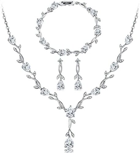 Wedding Jewelry Set for Bride Bridal Jewelry Set for Wedding Cubic Zirconia Necklace Earrings Bracelet Sets for Bride Silver Jewelry Set for Women Bridesmaid Jewelry Set for Wedding Costume Jewelry