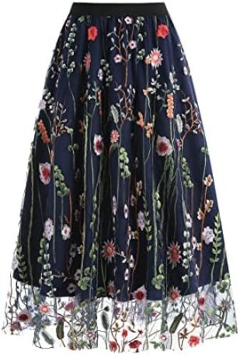 Wellwits Women’s Mesh Overlay High Waist Casual Formal Flare Midi Skirt