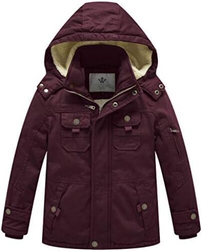 WenVen Boy’s Winter Sherpa Jacket Heavy Twill Cotton Military Coat with Hood