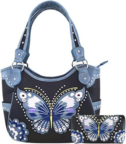 Western Style Springtime Embroidery Butterfly Floral Leather Totes Purse Country Handbag Women Shoulder Bag Wallet Set