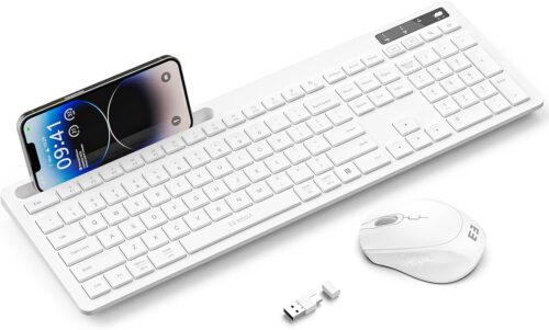 White Keyboard and Mouse Wireless, seenda Full-Size Keyboard with Phone Holder USB A & Type C Receiver 2.4G Silent USB Keyboard Mouse Compatible for MacBook and Windows Computer/Desktop/Laptop
