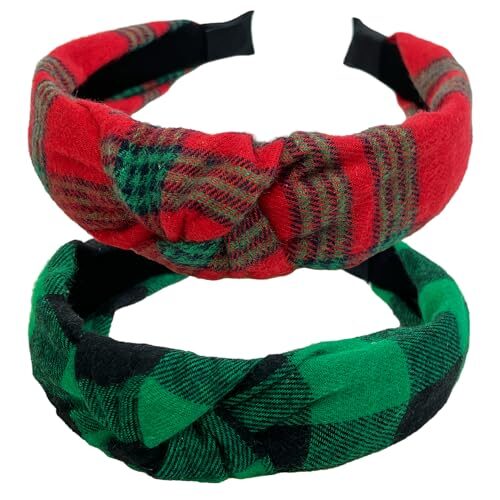 Wide Knotted Plaid Headbands, Valentines Gifts for Her, Fashion Vintage Turban Hair Band, Retro Criss Cross Christmas Headband for Women Girl, 2PCS Christmas Hair Accessories