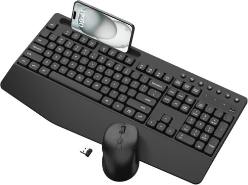Wireless Keyboard and Mouse Combo, EDJO Full Size Ergonomic Wireless Computer Keyboard with Wrist Rest, Phone Holder, Sleep Mode, Silent 2.4GHz Mouse Set for Laptop, PC, Windows