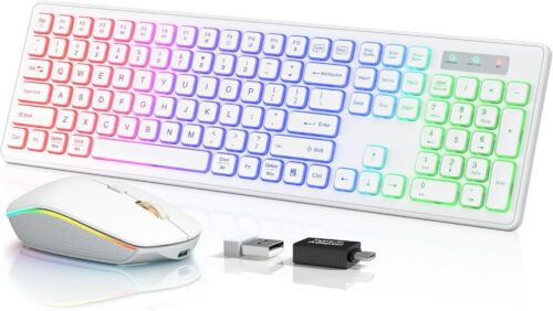 Wireless Keyboard and Mouse – RGB Backlit, Rechargeable & Light Up Letters, Full-Size, Ergonomic Tilt Angle, Sleep Mode, 2.4GHz Quiet Keyboard Mouse for Mac, Windows, Laptop, PC, Trueque(White)