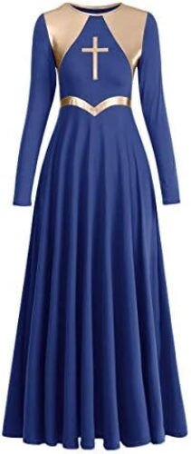 Women Metallic Cross Liturgical Praise Dance Dress Lyrical Dancewear Color Block Full Length Robe Worship Costume