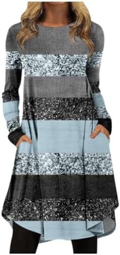 Women’s Black Dress Fashion Casual Solid Color Round Neck Pullover Loose Long Sleeve Dress White, S-3XL