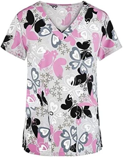 Women’s Colorful Corrugated Prints Medical Scrub Tops Mock Wrap Nursing Uniform Workwear with 2 Big Sturdy Pockets