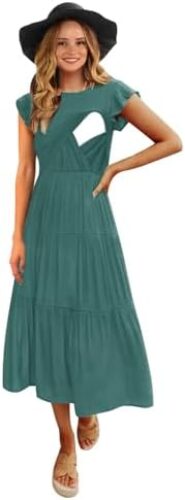 Womens Flutter Short Sleeve Smocked Tiered Nursing Dress for Breastfeeding