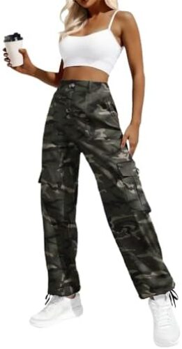 Women’s High Waisted Cargo Pants Travel Y2K Streetwear Baggy Stretchy Pants with 6 Pockets Drawstring Ankle Cuffs