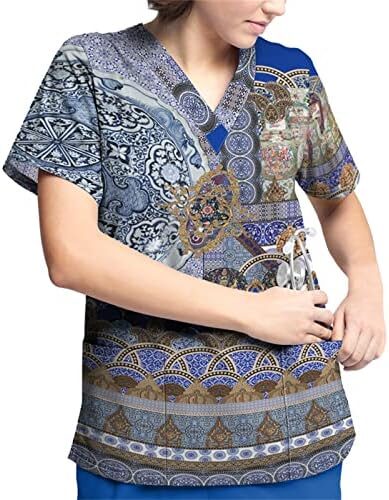 Womens Plus Size Printe Scrub Tops Soft Stretch Comfy V Neck Tshirt Nursing Uniforms Top Tees with Pockets(S-5X)