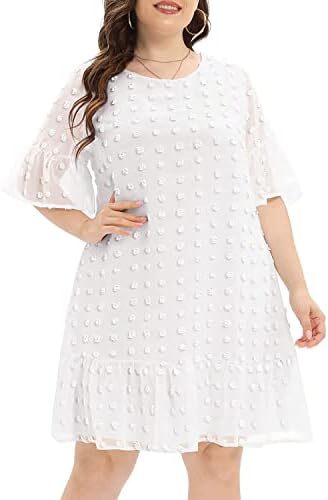 Women’s Plus Size Swiss Dot Short Sleeve Ruffle Cute Summer Chiffon Loose Flowy Shift Mini Dress