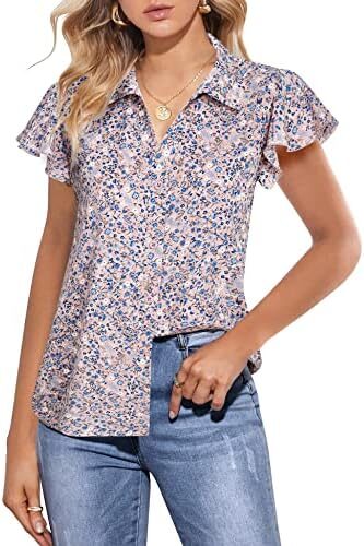 Women’s Ruffle Short Sleeve V Neck Collared Button Down Shirts Summer Chiffon Blouse Tops