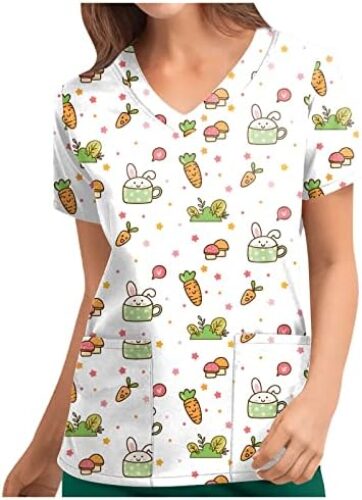 Women’s Scrub Tops V Neck Medical Scrub Stretch Tops Short Sleeve Cartoon Print Nurse Workwear Pocket Holiday T Shirt