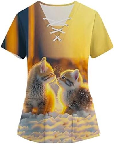 Womens Scrubs Tops Cute Puppy Printed Nurse Uniforms Digital Patterns V Neck Shirts,Breathable