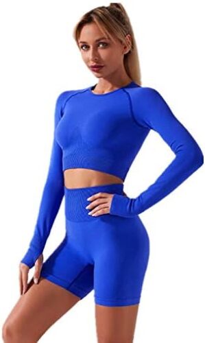 Women’s Seamless Yoga Outfits Two Pieces Workout Long Sleeve Crop Top Sports Bra + High Waisted Running Shorts Sets Biker Activewear Athletic Fitness Gym Sexy Active Tracksuit Z – Royal Blue Small
