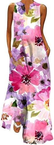 Women’s Spring Floral Print Dresses Going Out Sleeveless Bodycon Fit Top Slimming Retro V Neck Pocket Graphic A-Line