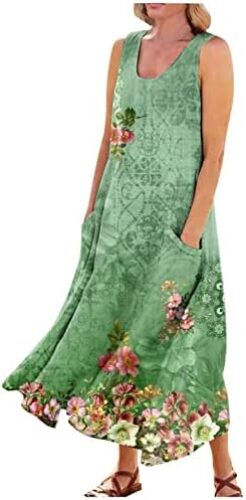 Womens Summer Dresses 2024 Crew Neck Casual Sleeveless High Waist A-Line Party Cocktail Swing Maxi Dres