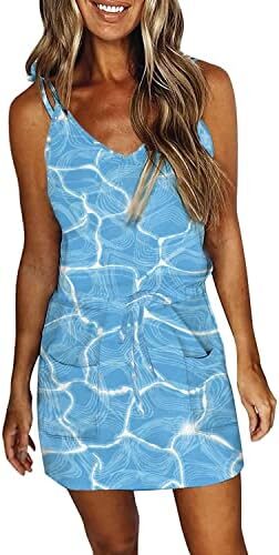 Womens Summer Dresses with Pocket Casual Spaghetti Strappy Sleeveless V Neck Mini Dress for Beach Vacation Party Club Night