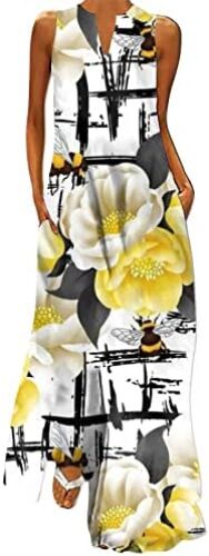 Womens Summer Retro Dresses Modest Pocket Bodycon Vintage Top Fashion Floral Print V Neck Graphic Sleeveless Fit