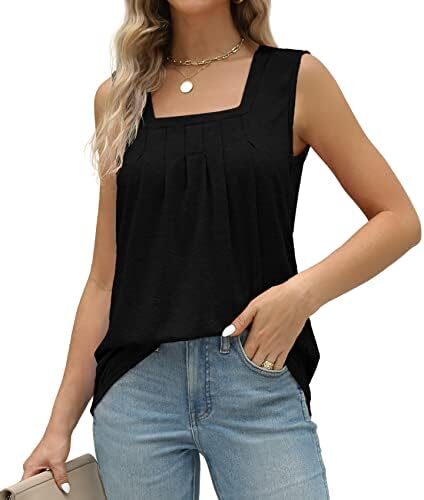Womens Tank Tops Square Neck Summer Casual Basic Flowy Sleeveless Tops Pleated