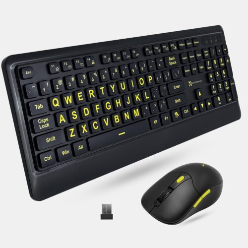 X9 Performance Large Print Keyboard and Mouse Wireless Combo – 4x Larger Oversize Letters for Seniors and Low Vision Users – 2.4Ghz Wireless Mouse and Keyboard Combo for PC – Yellow High Contrast Font