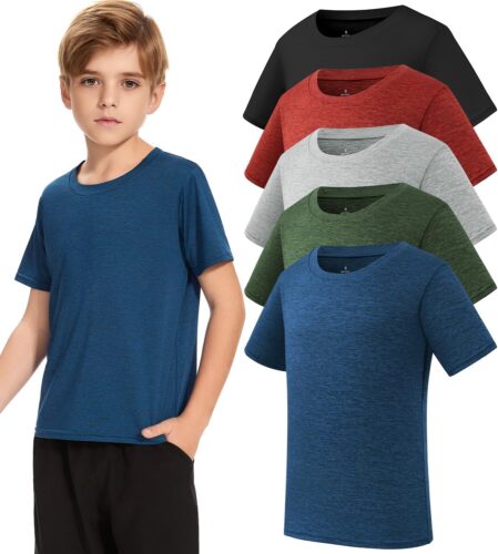 Xelky Boys Short Sleeve Shirts Youth Moisture Wicking Athletic T-Shirts for Teens Kids Tee Active Performance Tops 5 Pack