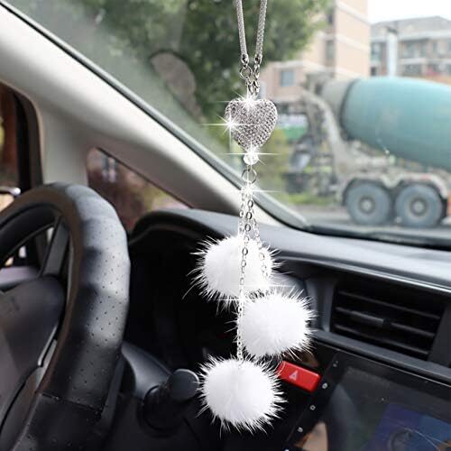 YIDEXIN Bling Car Accessories for Women £¦ Men Bling White Heart and Pink Fuzzy Drops Bling Rinestones Diamond Car Accessories Crystal Car Rear View Mirror Charms,Lucky Hanging Accessories (White)